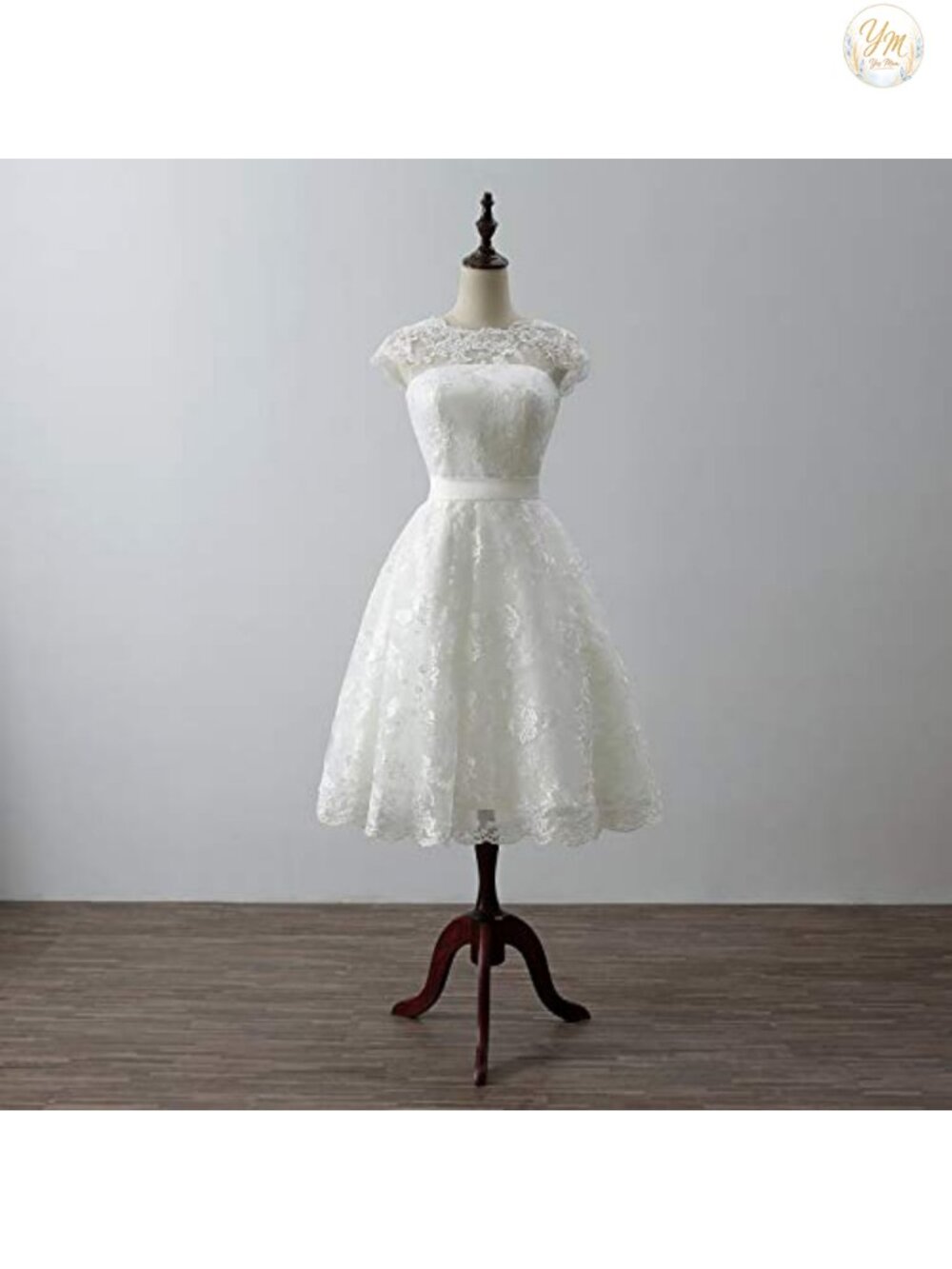 Womens Knee-Length Wedding Dress Cap Sleeve Lace Neckline Ball Gown - Picture 2 of 6